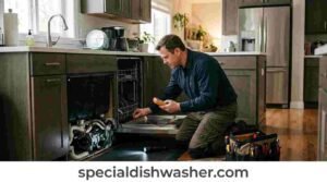 Appliance technician inspecting a dishwasher for professional repair