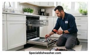 Professional technician inspecting a dishwasher