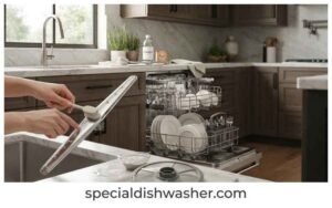 Café dishwasher filter and spray arm being cleaned