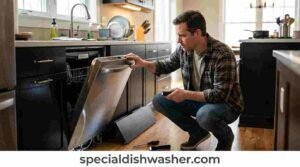 Homeowner troubleshooting a dishwasher that will not turn on